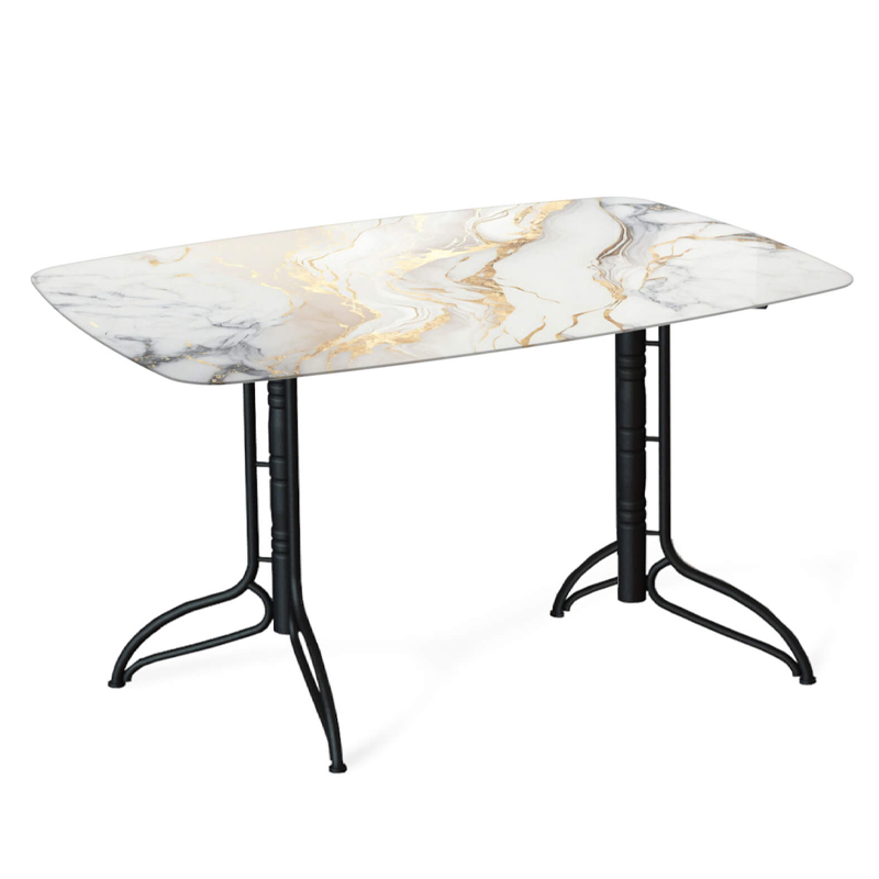 

Обеденный стол с прямоугольной столешницей из стекла на черных металлических ножках White Marble