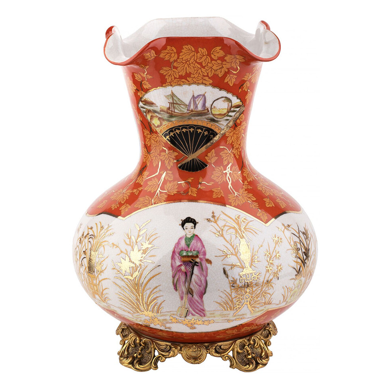 Ваза красного цвета с рисунком Chinoiserie Ceramics Белый Красный Бронза Ваза красного цвета с рисунком Chinoiserie Ceramics Белый Красный Бронза в Москве | Loft Concept