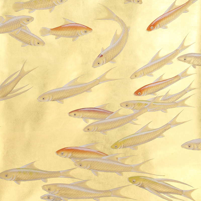 Обои ручная роспись Fishes Koi on Deep Rich Gold gilded paper