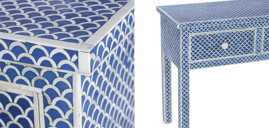 Консоль голубая отделка кость Bone Inlay Blue Fish Scale Console 3 DRAWER Консоль голубая отделка кость Bone Inlay Blue Fish Scale Console 3 DRAWER - Loft-Concept в Москве