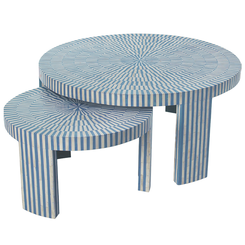 Комплект журнальных столов с инкрустацией Stripes Set of two tables blue Белый Голубой в Москве | Loft Concept 