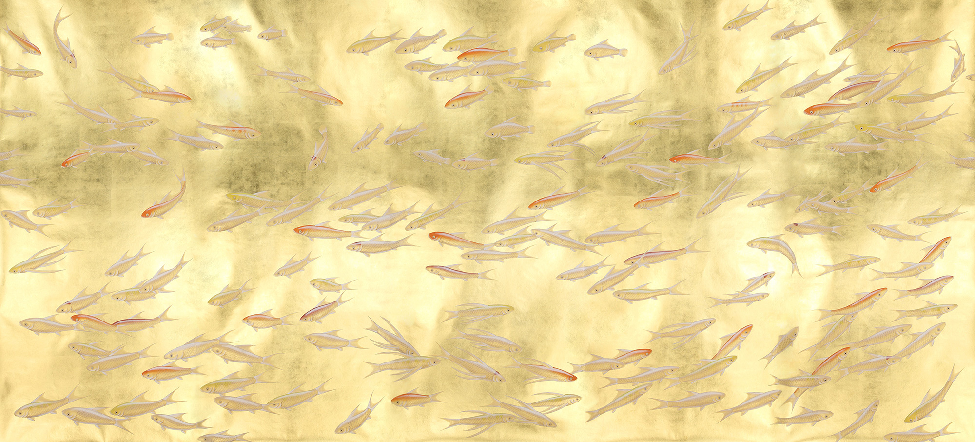 Обои ручная роспись Fishes Koi on Deep Rich Gold gilded paper - постер Loft-Concept