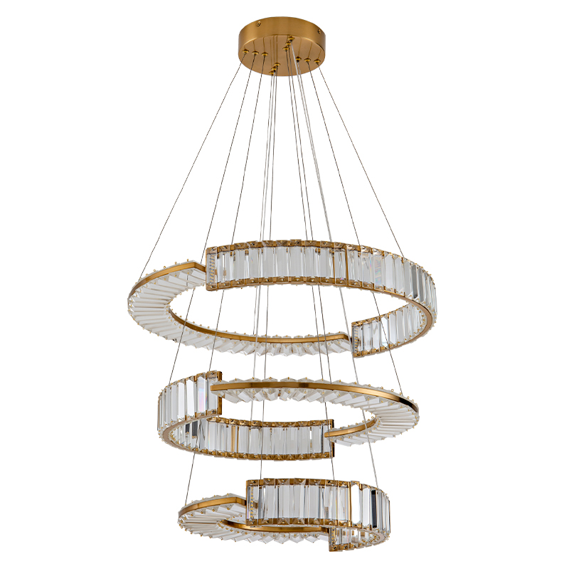 Светодиодная трехъярусная кольцевая люстра из хрусталя и стали с пультом для регулировки света Maude Crystal Light Латунь Прозрачный в Москве | Loft Concept 