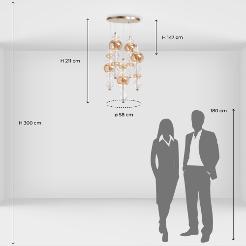 Люстра с плафонами из прозрачного и янтарного стекла в виде шаров и ромбов Gabriel Scott Luna в Москве
