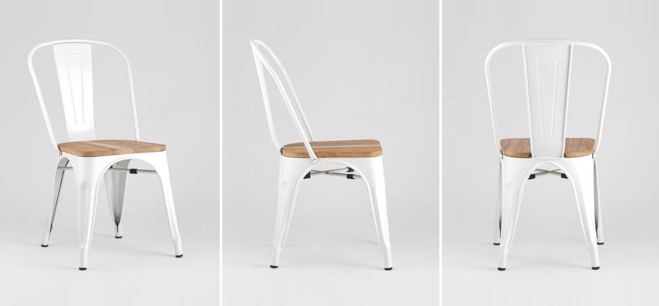 Стул Tolix Белый Металл Светлое Деревянное Сидение - фото