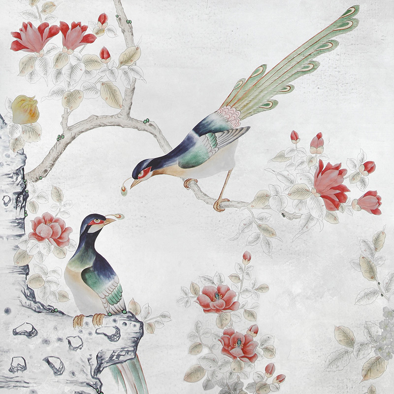 Обои шинуазри  Japanese Garden Original colourway on Sterling Silver gilded Xuan paper