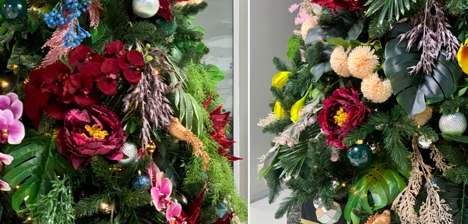 Ель Дизайнерская украшенная тропическими Цветами Christmas tree Tropical Flowers - фото