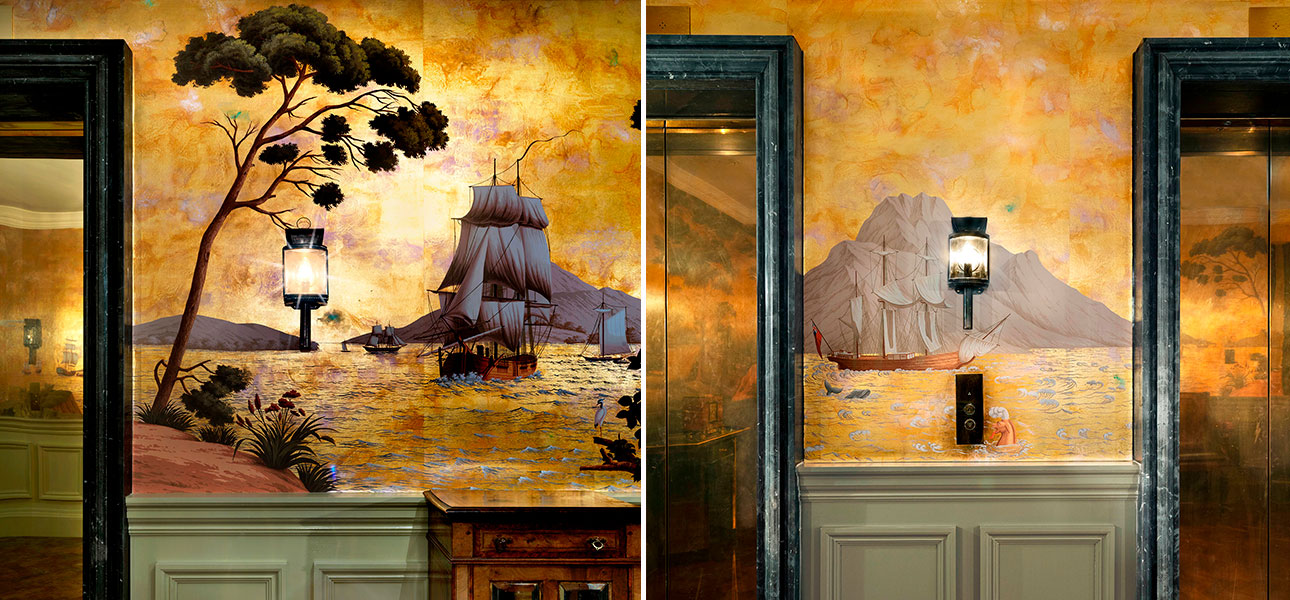 Обои ручная роспись Voyage of the Pacific Amarelo on Deep Rich Gold gilded paper with antiquing - фото