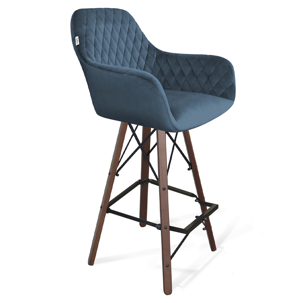 

Барный стул со спинкой и подлокотниками на 4-х деревянных ножках Douglas Rhombus Синий Велюр
