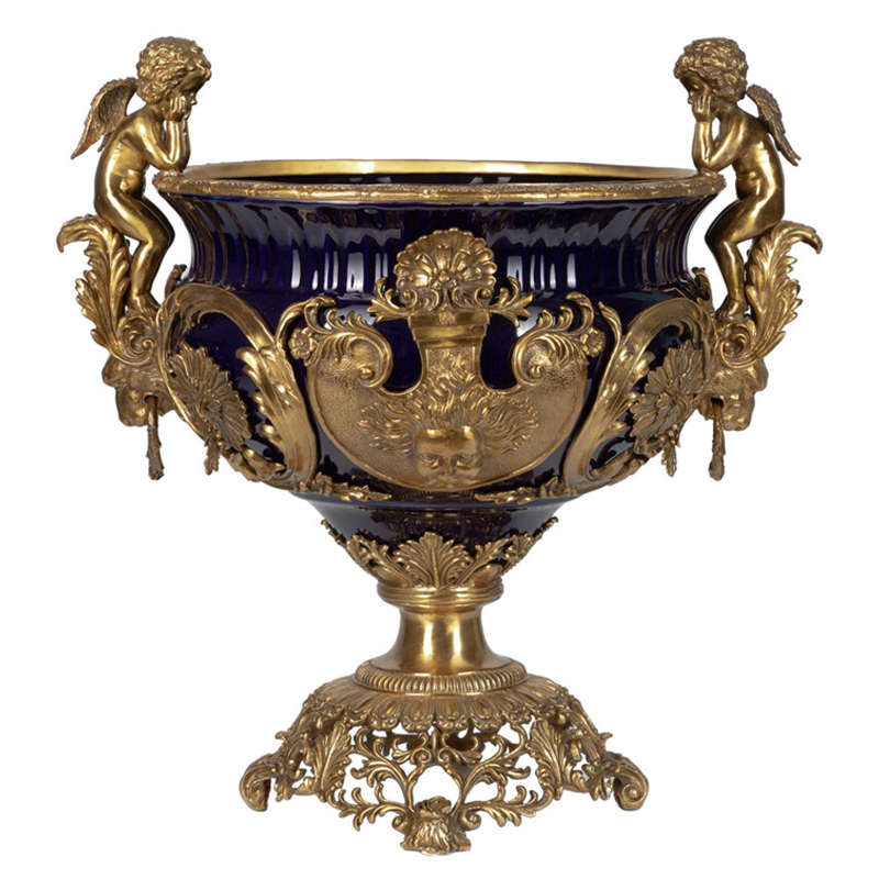 Чаша темно-синего цвета с фигурками ангелов и рельефным декором Eden Garden porcelain and bronze Темно-синий Бронза в Москве | Loft Concept 