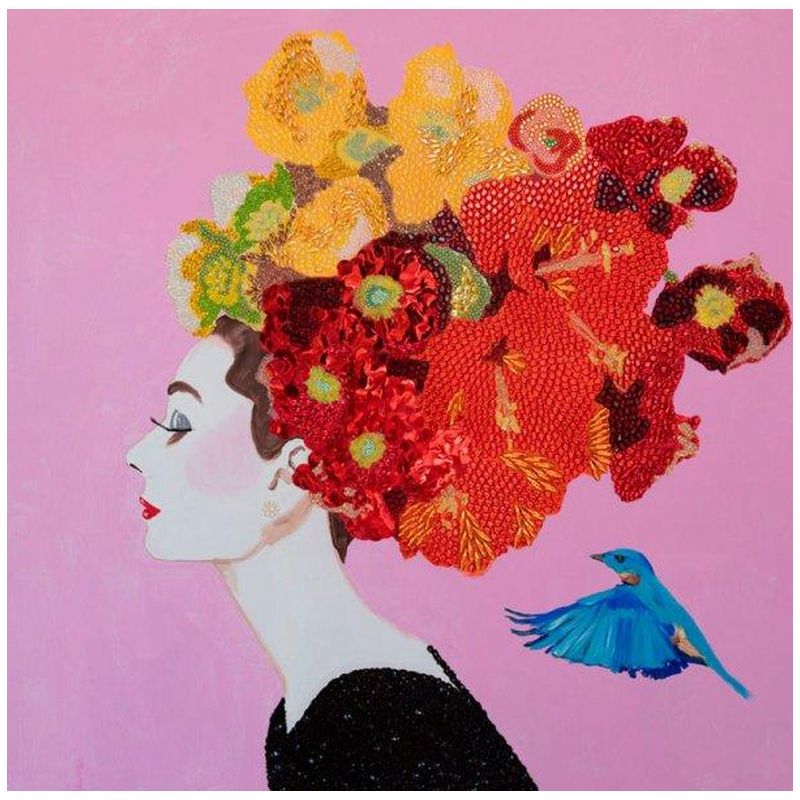  Audrey with Flower Bouquet Headdress, Blue Bird, and Pink Background    | Loft Concept 