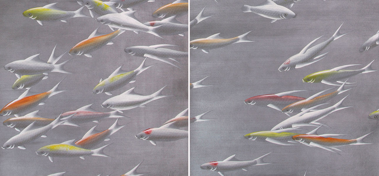 Обои ручная роспись Fishes Koi on Flash metallic Xuan paper - фото
