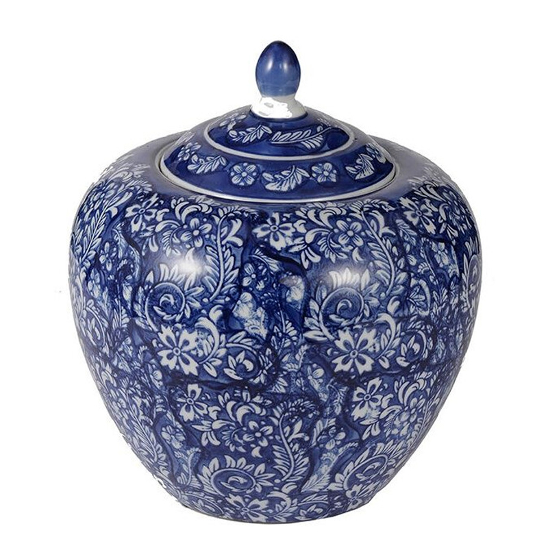 Ваза округлой формы с синей росписью и цветочным узором Blue & White Ornament Белый Синий Ваза округлой формы с синей росписью и цветочным узором Blue & White Ornament Белый Синий в Москве | Loft Concept
