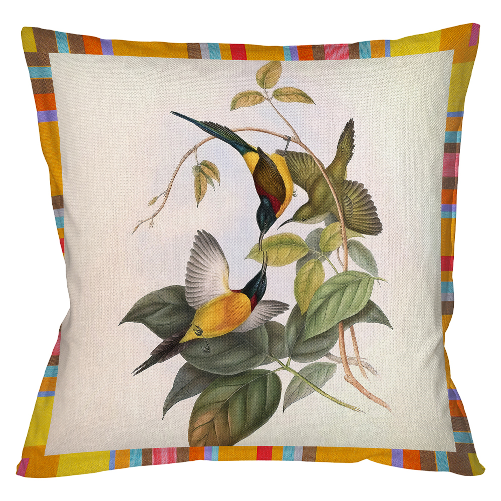 

Декоративная подушка бежевая в разноцветную полоску с изображением птиц и цветов Blooming Birds Colorful Cushion