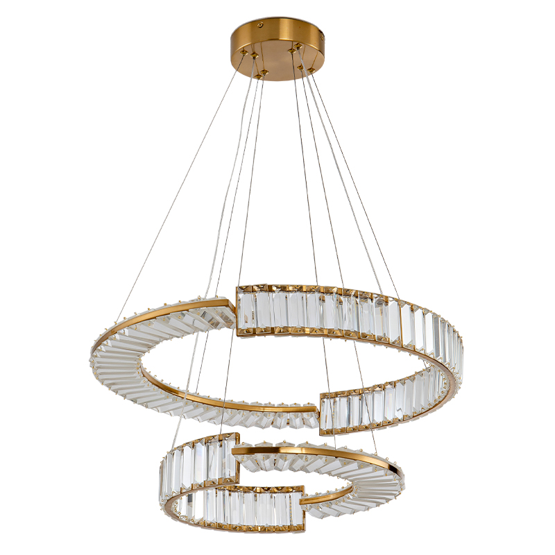 Светодиодная двухъярусная кольцевая люстра из хрусталя и стали и с пультом для регулировки света Maude Crystal Light Латунь Прозрачный в Москве | Loft Concept 