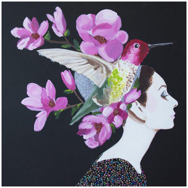 

Картина Audrey with Hummingbird and Flowers Headdress on Black Background