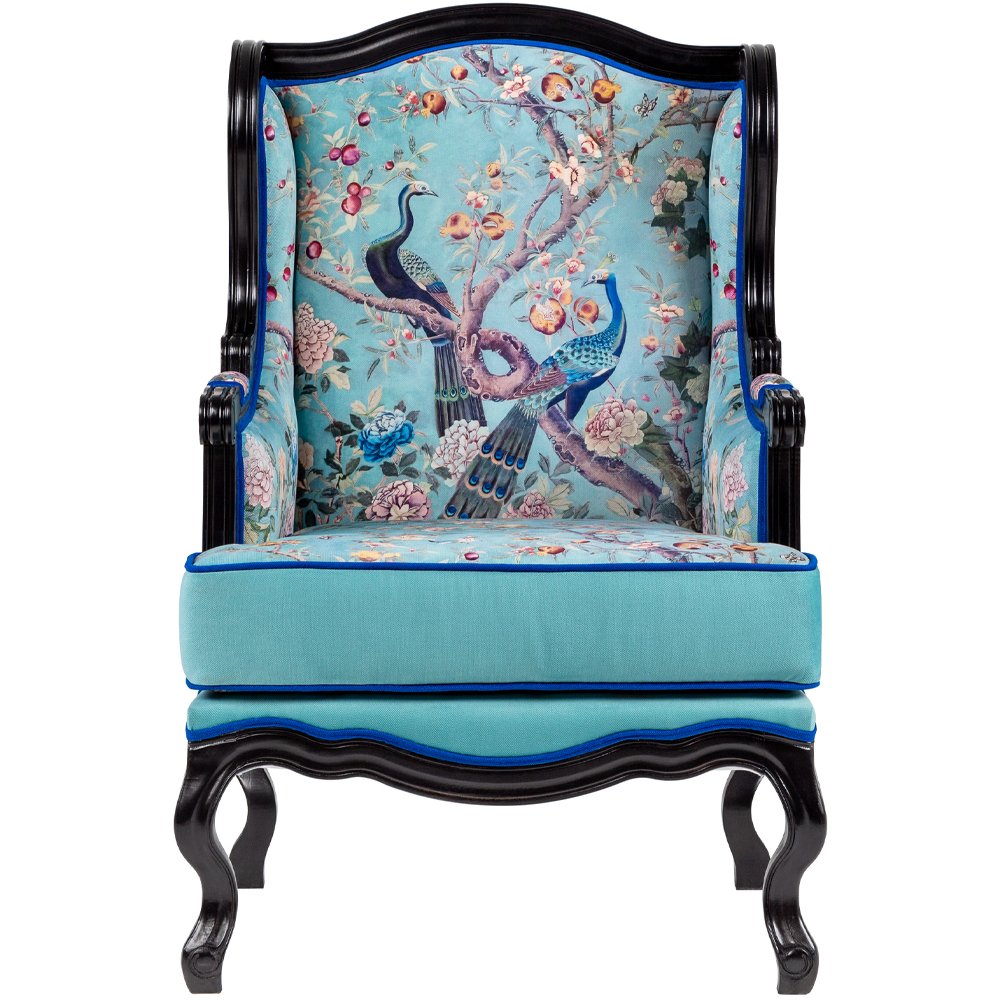

Кресло из натурального бука бирюзовое с изображением птиц и цветов Turquoise Chinoiserie Garden Armchair