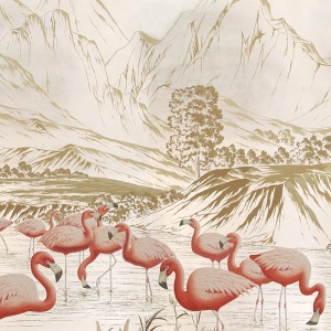 Обои ручная роспись Flamingos Flamingo on Tarnished Silver gilded Xuan paper