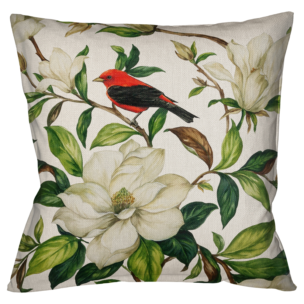 

Декоративная подушка бежевая с изображением птица в саду Blooming Red Birds