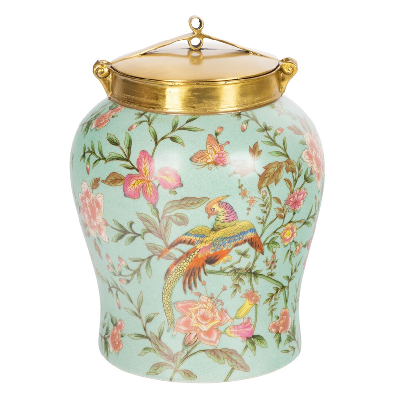 Ваза округлой формы из фарфора с рисунком и бронзовой крышкой Turquoise Blooming Garden Мульти Бронза Бирюзовый Ваза округлой формы из фарфора с рисунком и бронзовой крышкой Turquoise Blooming Garden Мульти Бронза Бирюзовый в Москве | Loft Concept