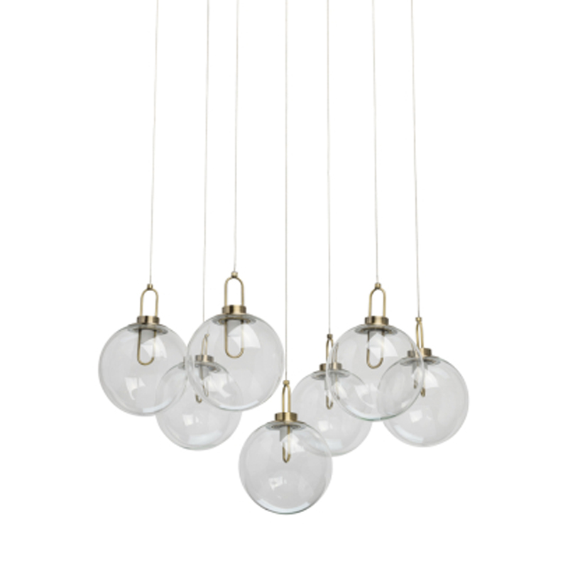 Люстра с 7-ю плафонами из прозрачного стекла в форме шара Orb Cascade  Бронза Прозрачный в Москве | Loft Concept 