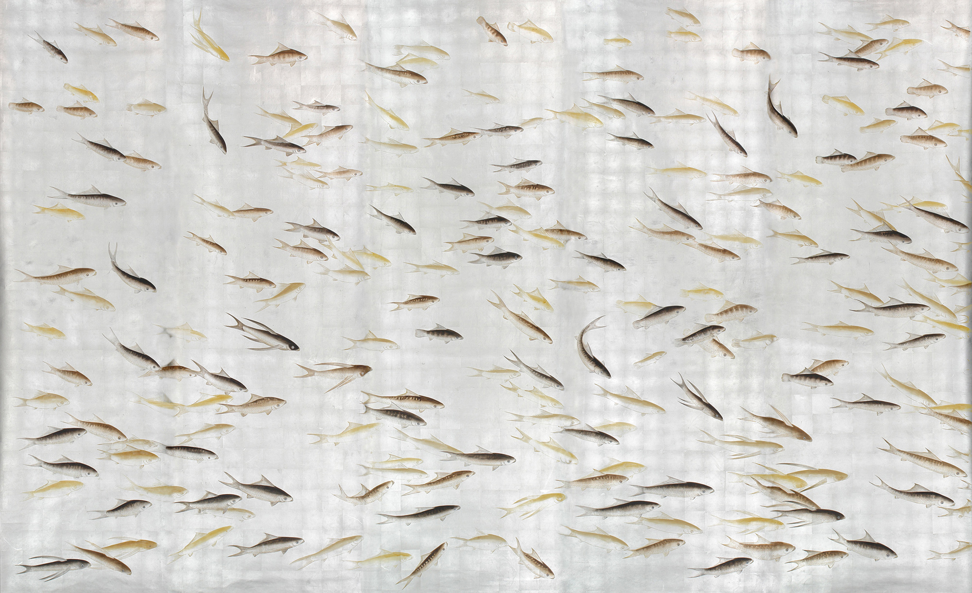 Обои ручная роспись Fishes Amber on Real Silver gilded silk - постер Loft-Concept