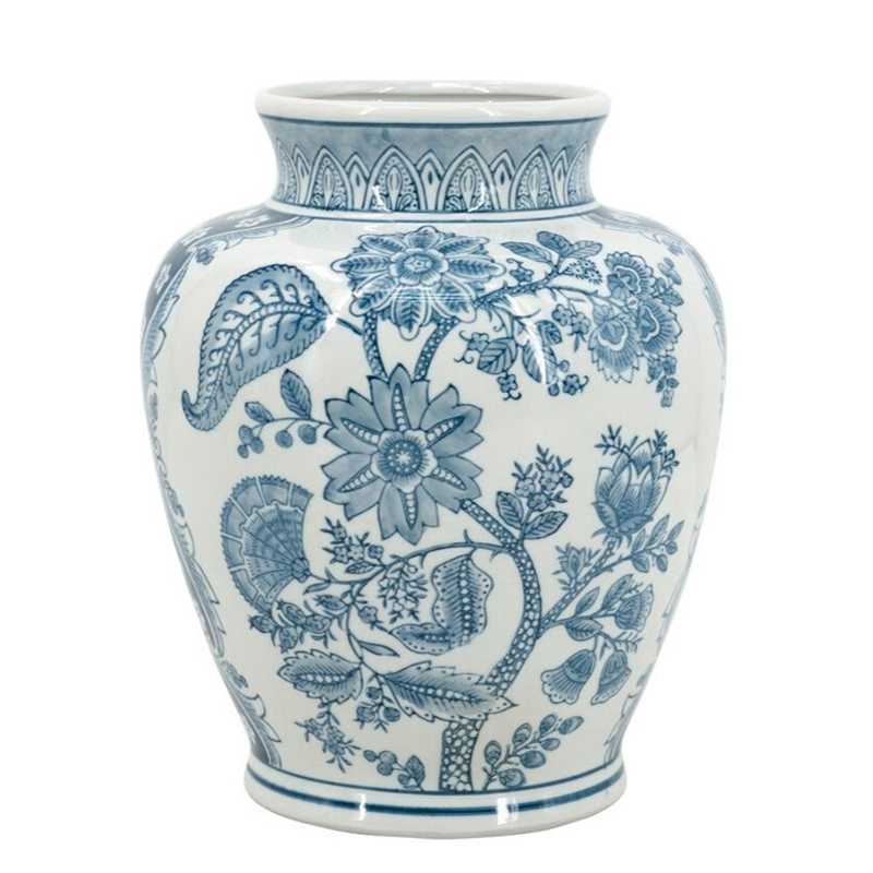 Ваза округлой формы белого цвета с синим растительным узором Blue & White Ornament Белый Синий Ваза округлой формы белого цвета с синим растительным узором Blue & White Ornament Белый Синий в Москве | Loft Concept