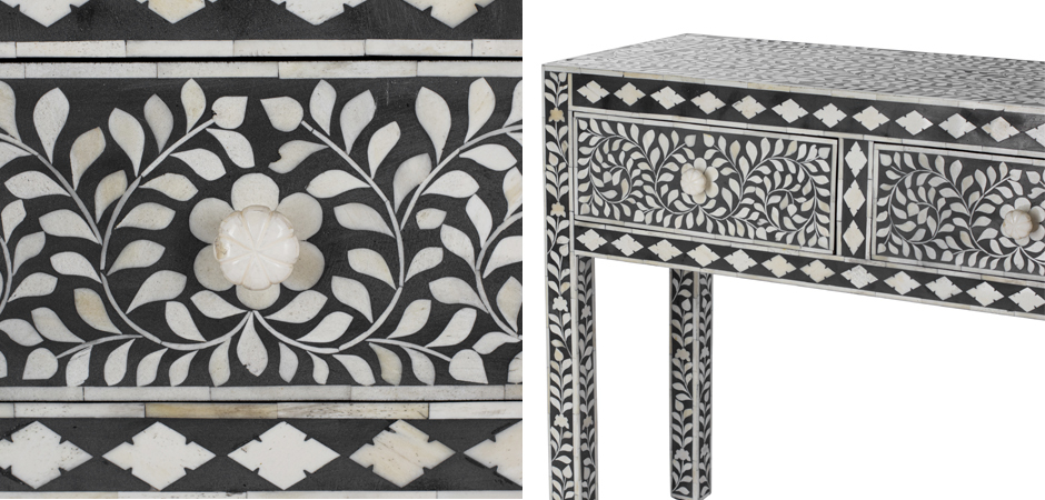 Консоль черный орнамент отделка кость BONE INLAY CONSOL TABLE 3 DRAWER - фото №1