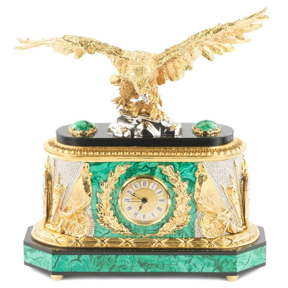

Часы настольные из натурального камня Малахит с декором в виде орла в подарочной коробке Eagle Stone Clock