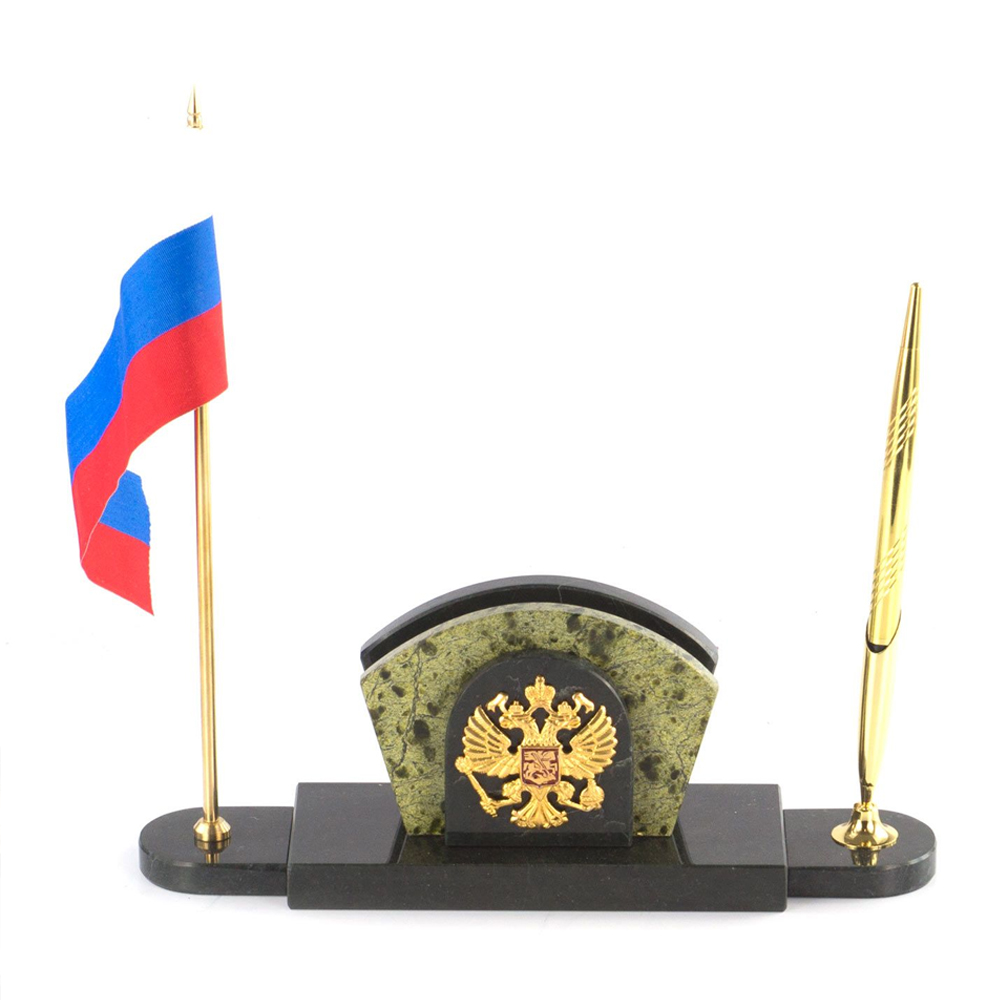 

Визитница настольная с гербом и флагом России из природного камня змеевик Successful Leader