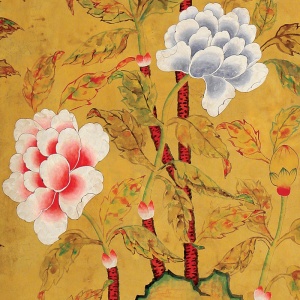 Обои ручная роспись Korean Peony Original colourway on Edo Golden Brown painted silk