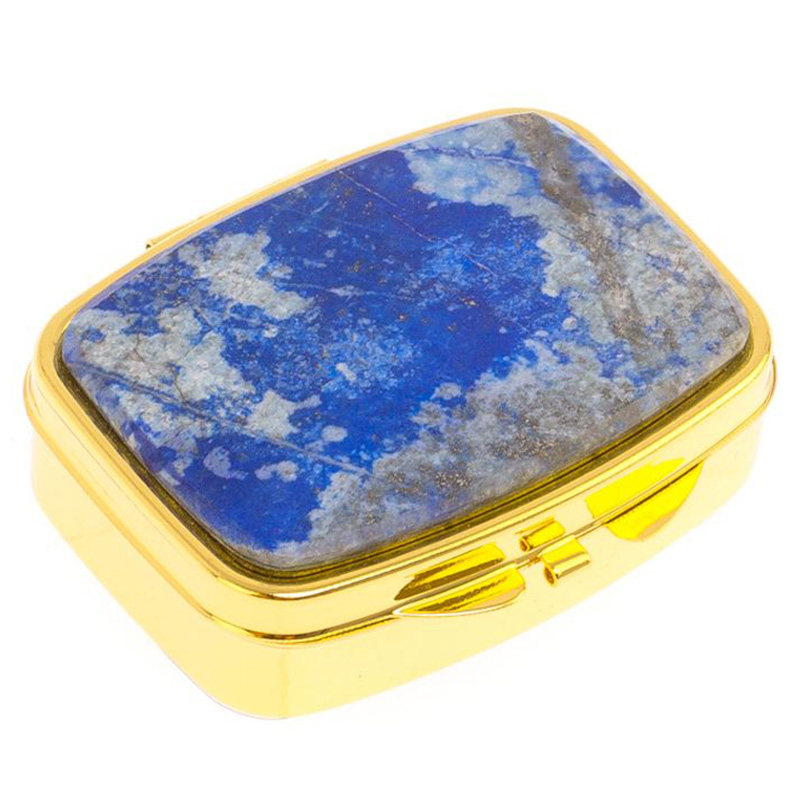 

Таблетница карманная прямоугольная с 2-мя отделениями с зеркалом и накладкой из натурального камня Лазурит Gold Stone Pillboxes