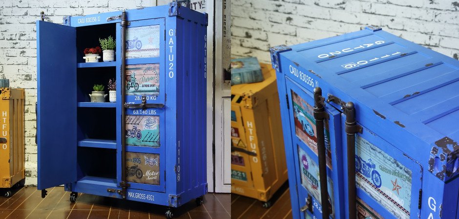 Синяя тумбочка контейнер Blue chest of drawers vintage Sea Container - фото