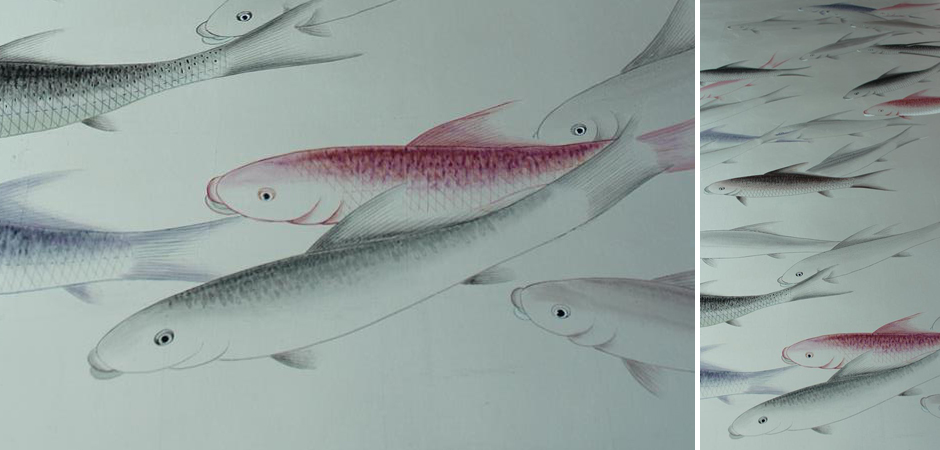 Обои "Рыбы" ручная роспись на серебряной фольге Wallpaper Fish hand-painted - фото