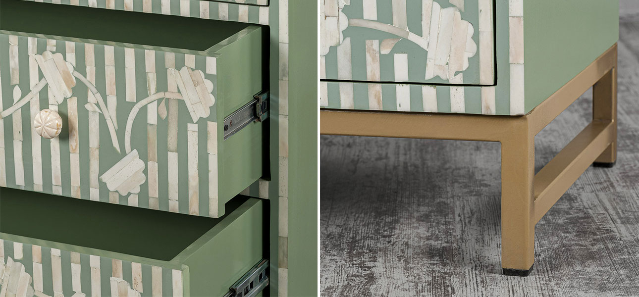 Комод зеленый инкрустация костью Green Flowers - фото №2