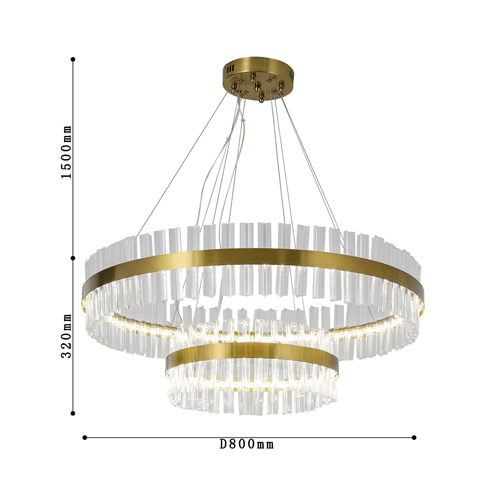Люстра подвесная двухъярусная с золотистымыми кольцами и прозрачными стеклянными элементами Ring Horizontal в Москве