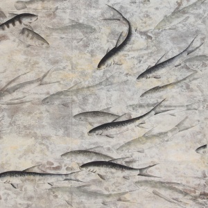 Обои ручная роспись Fishes Original colourway on Tarnished Silver gilded tea paper with pearlescent antiquing