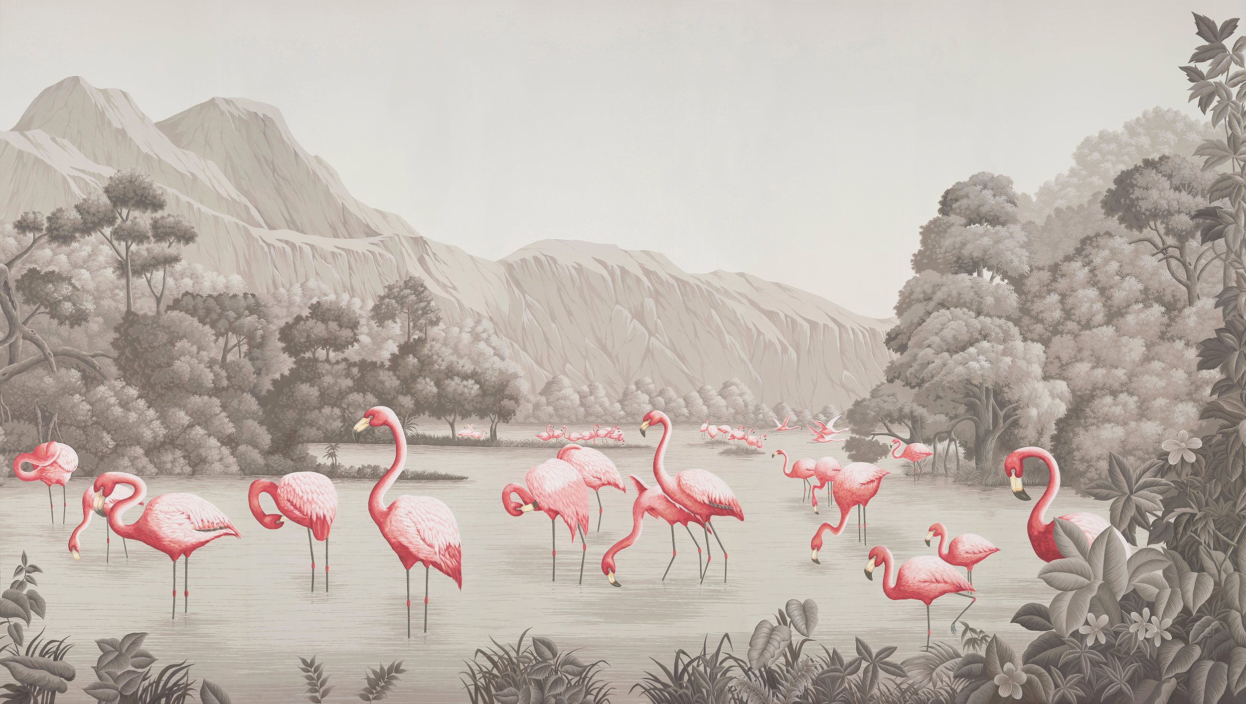 Обои ручная роспись Flamingos Flamingo on Eau Forte scenic paper Обои ручная роспись Flamingos Flamingo on Eau Forte scenic paper - постер Loft-Concept в Москве