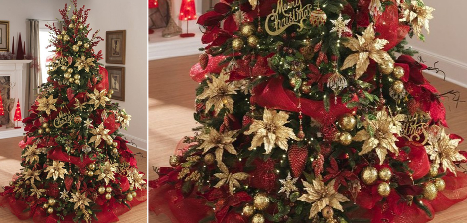 Дизайнерская Елка с Красным и Золотым новогодним декором Christmas Tree Golden Flowers - фото