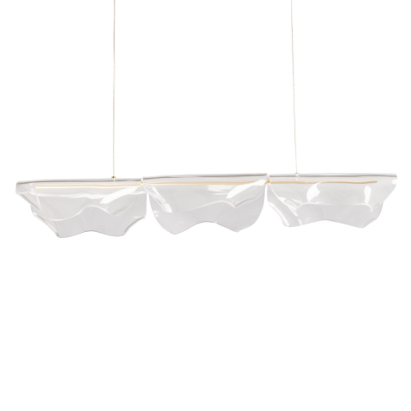 Люстра линейная с 3-мя белыми волнистыми плафонами Wave Line Золотой Прозрачный в Москве | Loft Concept 