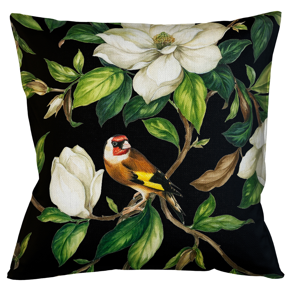 

Декоративная подушка чёрная с изображением птиц и цветов Blooming Birds 2
