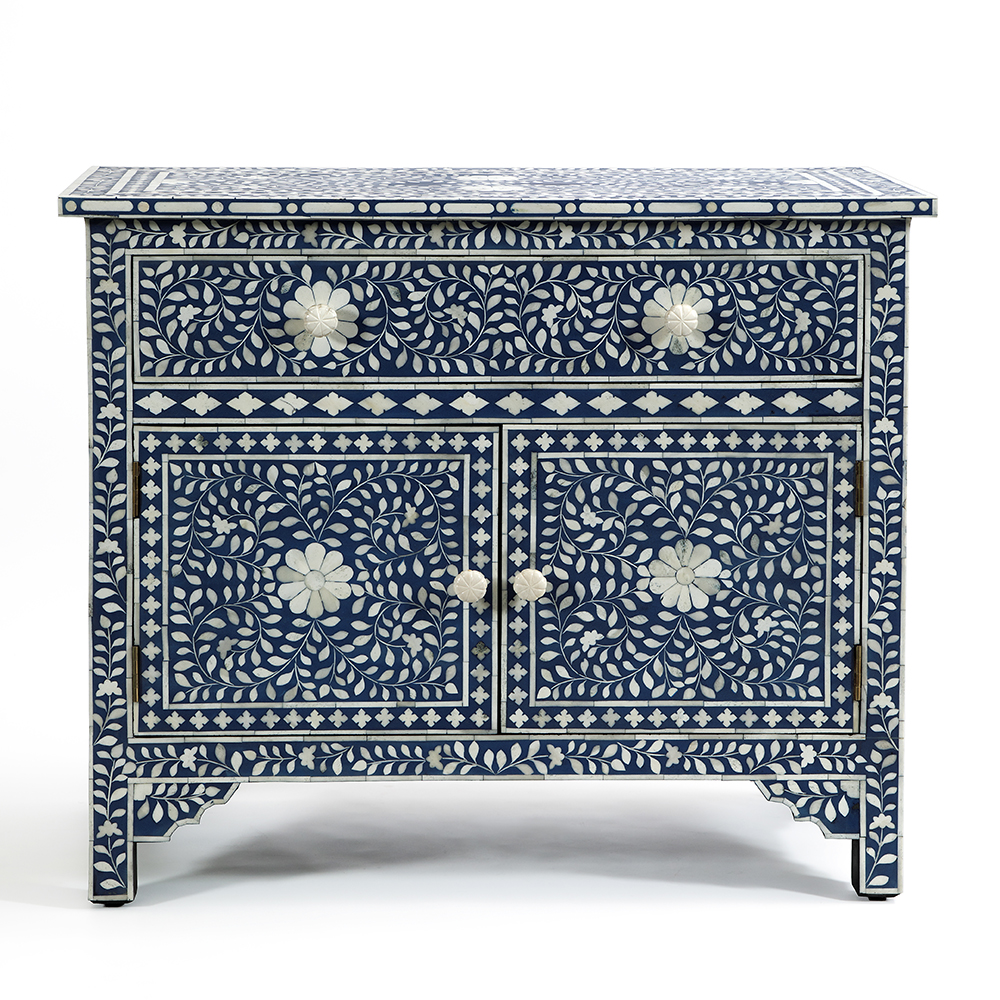Комод инкрустация костью ORIENTAL Indian синий орнамент 273000₽