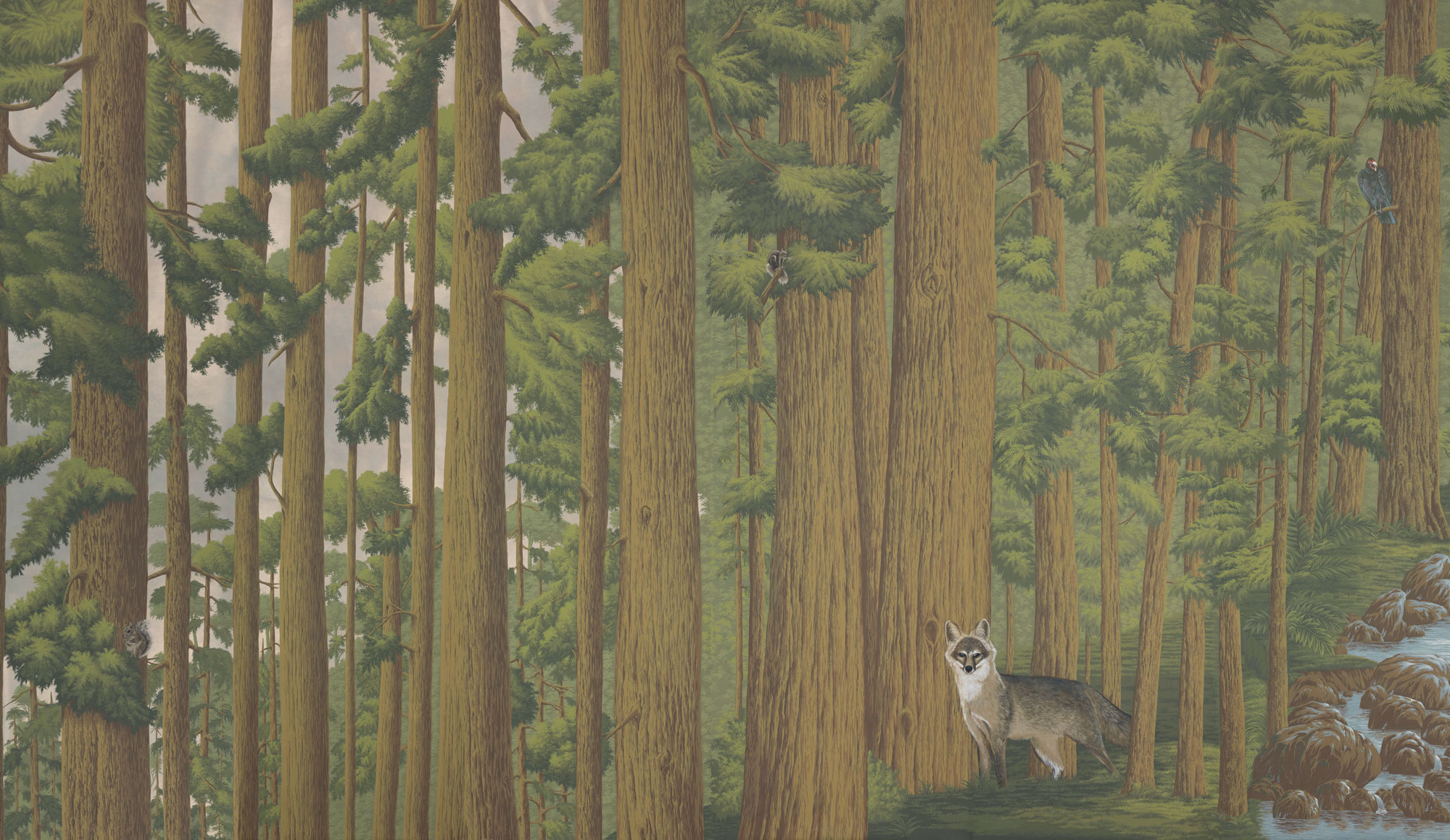 Обои ручная роспись Redwoods Roberts on Brushed Gold gilded paper - постер Loft-Concept