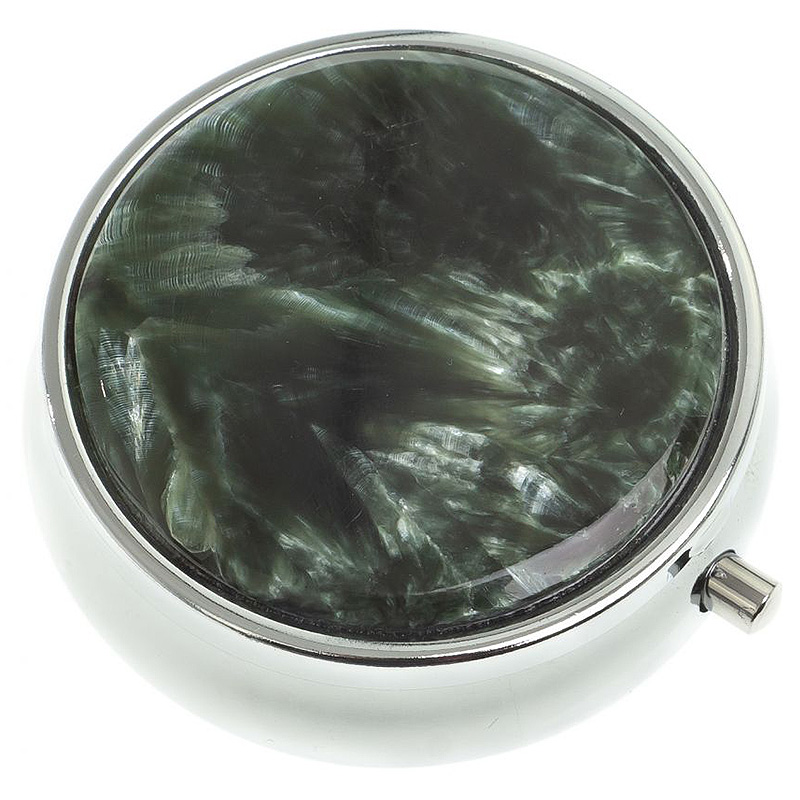 

Таблетница карманная круглая с 3-мя отделениями с зеркалом и накладкой из натурального камня Серафинит Silver Stone Pillboxes