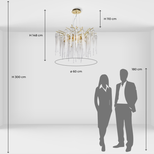 Люстра золотого цвета с декоративными ветками и длинными прозрачными стеклянными подвесами в форме сосулек Droplet Chandelier в Москве