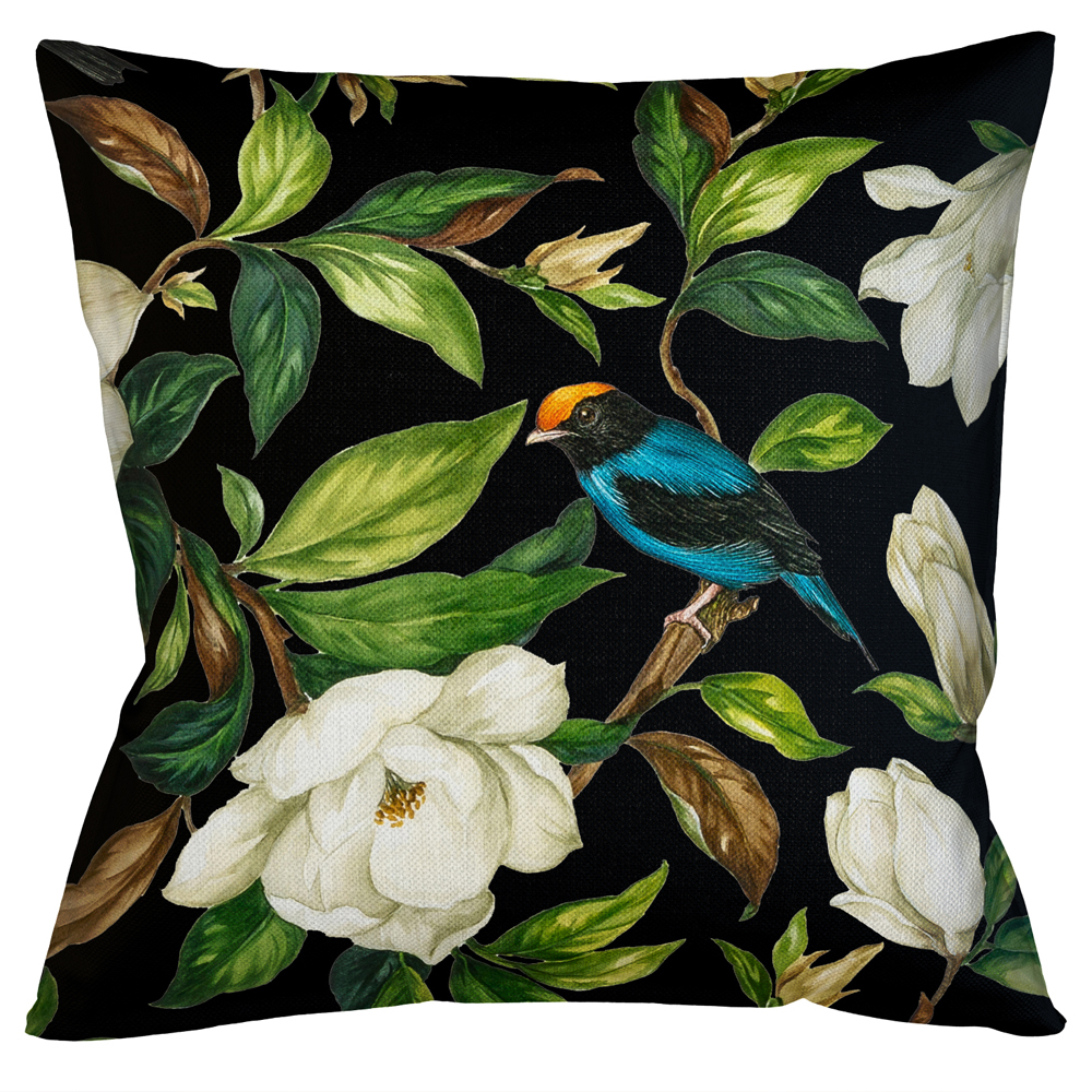 

Декоративная подушка чёрная с изображением птиц и цветов Blooming Blue Birds