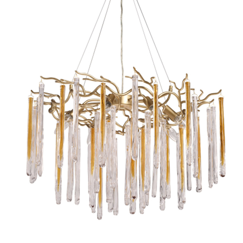 Люстра подвесная золотого цвета с разветвленными ветвями и прозрачными стеклянными подвесками Droplet Chandelier Золотой Прозрачный в Москве | Loft Concept 