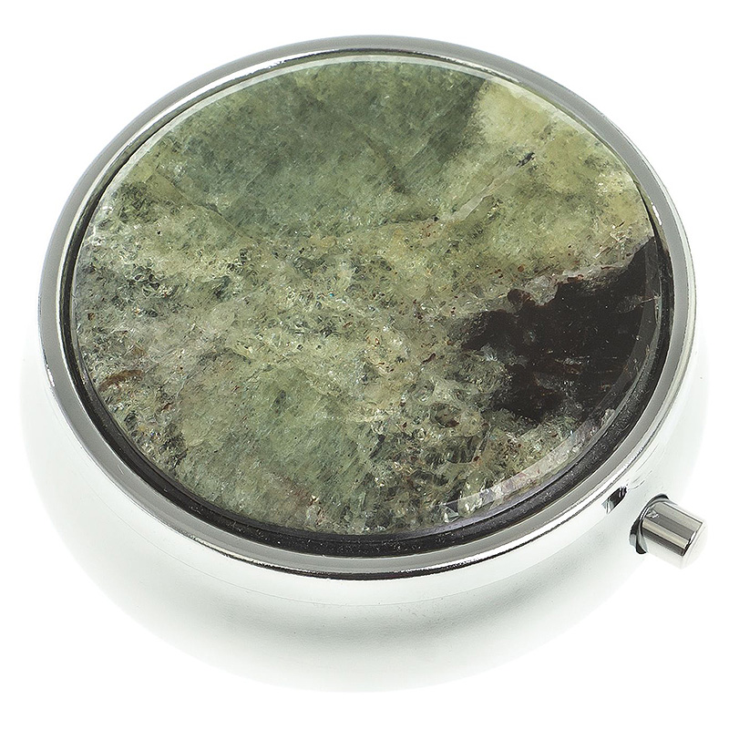 

Таблетница карманная круглая с 3-мя отделениями с зеркалом и накладкой из натурального камня Апатит Желтый Silver Stone Pillboxes