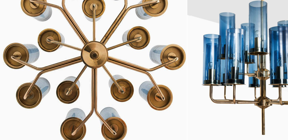 Люстра Hans-Agne Jakobsson Brass & Blue Glass Tube Chandelier Люстра Hans-Agne Jakobsson Brass & Blue Glass Tube Chandelier - Loft-Concept в Москве