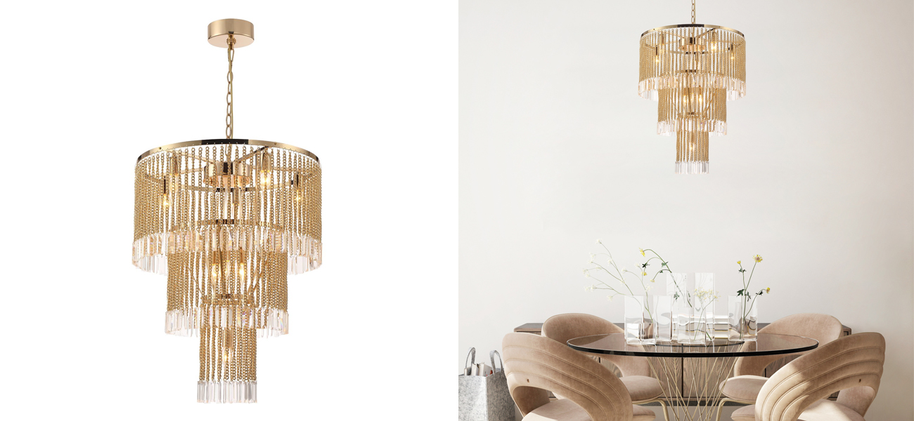 Люстра с подвесками из хрусталя на золотых цепочках Goldy - фото